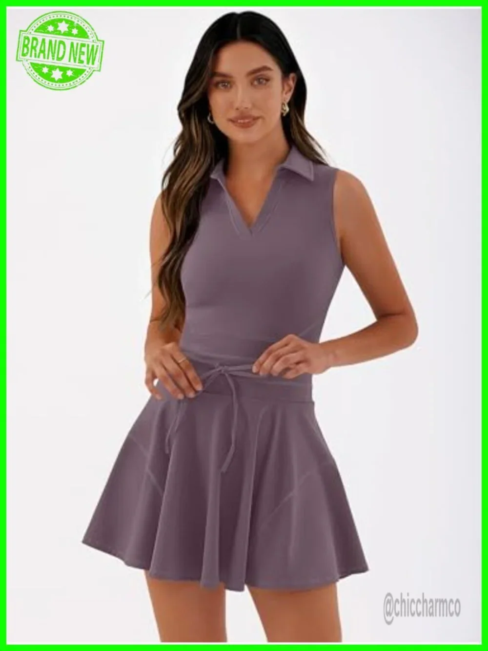 Women's 2 Piece Tennis Dress Set with Built-in Shorts, Polo Neck Sleeveless